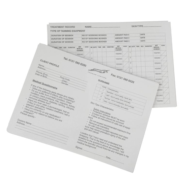 Tansun Sunbeds Client Record Cards (Pack of 50 or 100).