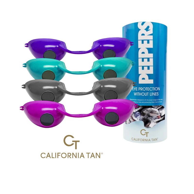 Set of colorful peeper tanning goggles with packaging labeled 'Peepers' and 'California Tan' on a white background.