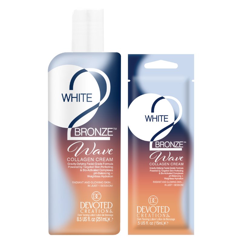 Two bottles of Devoted Creations White Bronze Wave Collagen Cream on a white background