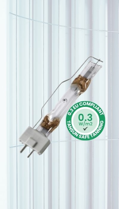 Facial lamp, high pressure lamp, high pressure facial lamp with a green compliance label on a white background