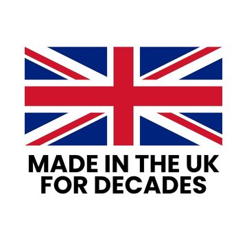 Union Jack flag with 'Made in the UK for Decades' text on a white background