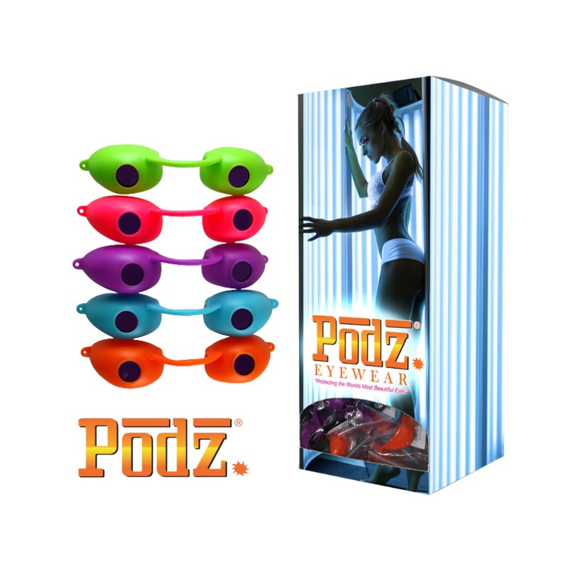 Colorful 'Podz' tanning goggle eyewear displayed with packaging on a white background