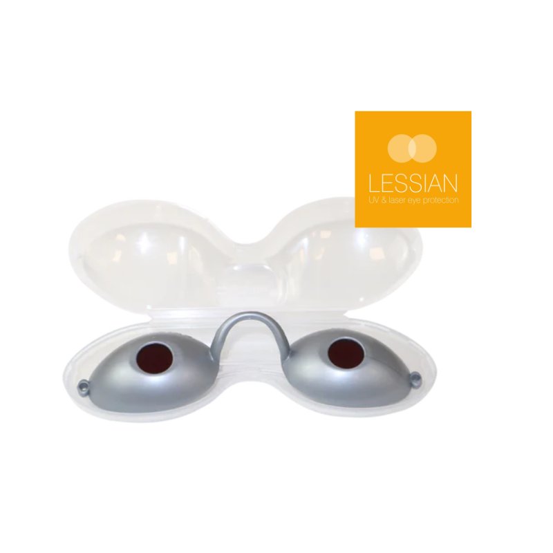 Silver eye goggles with dark centers on a white background, featuring the Lessian brand logo.