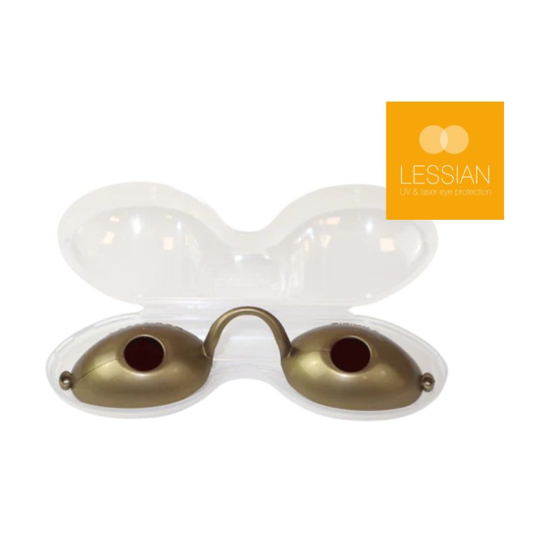 Gold Lessian tanning goggles in transparent case