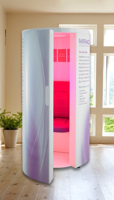 Miracle red light therapy unit, open ajar, unit switched on