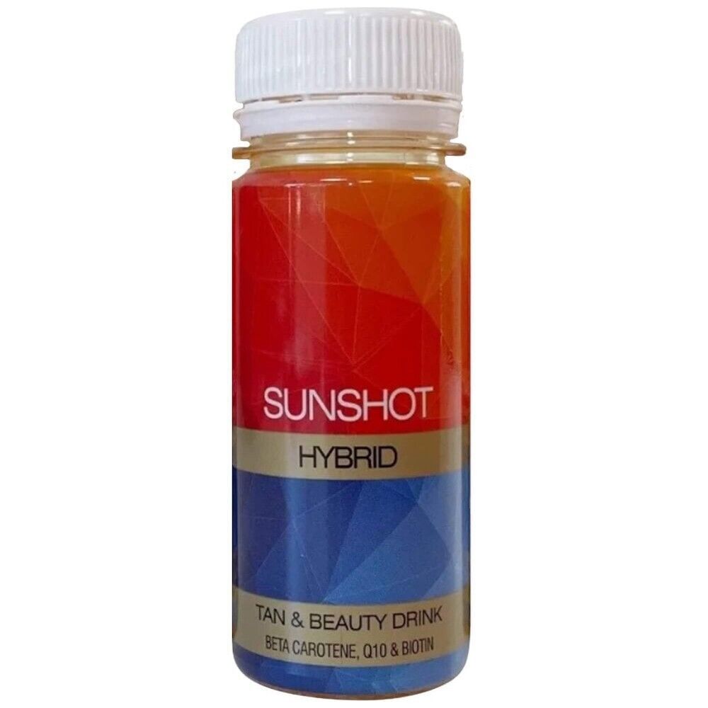 Bottle of Sunshot Hybrid tan and beauty drink on a white background