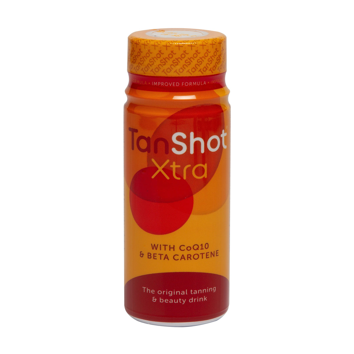 Tan Shot Xtra bottle with a red label on a white background